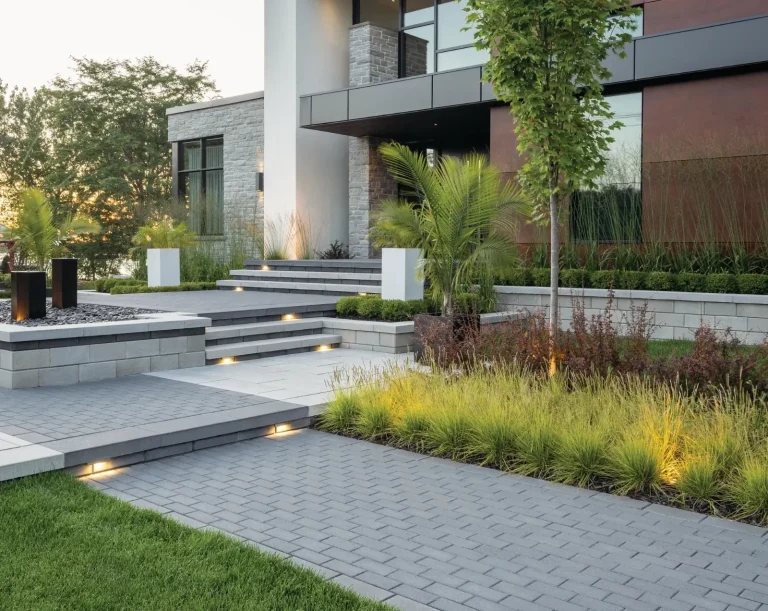 Modern Winnipeg landscaping front entrance with paving stone walkway & retaining wall gardens