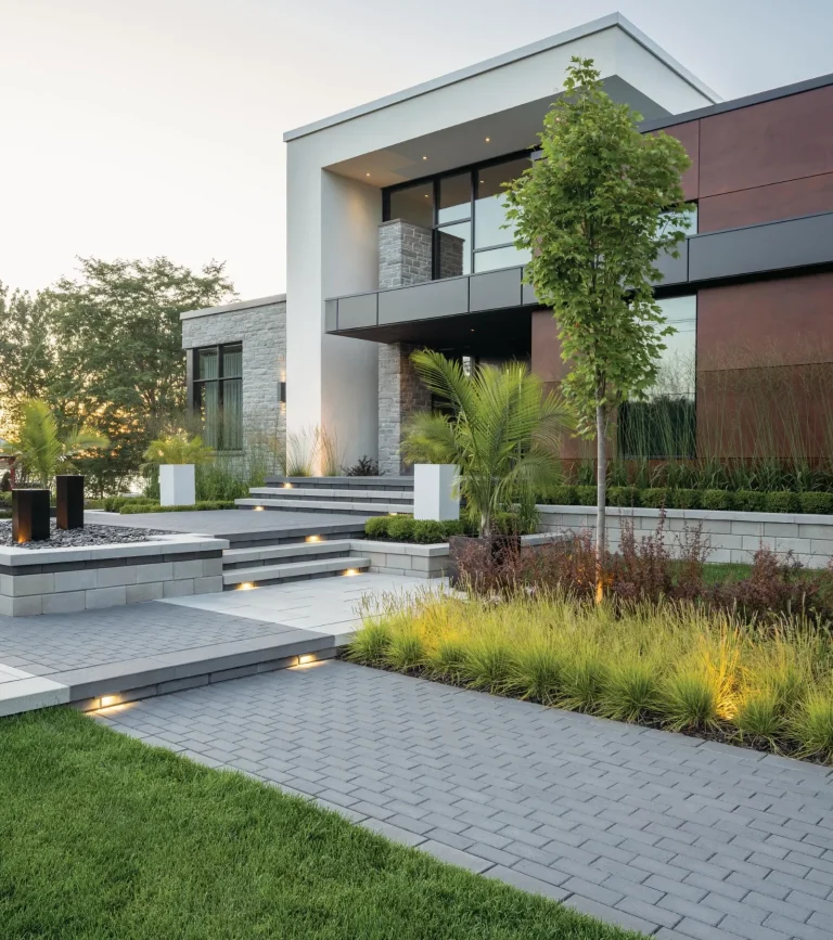 Modern Winnipeg landscaping front entrance with paving stone walkway & retaining wall gardens