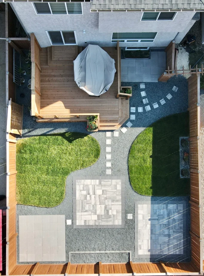 Sky view backyard landscaping renovation - Genesis Interlocking & Custom Landscaping